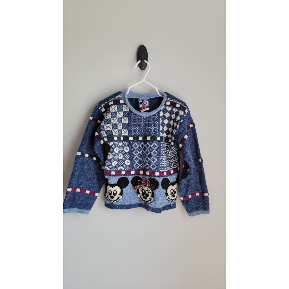 Vintage Mickey & Minnie Mouse Disney Knit Sweater L USA Made 90s Patchwork